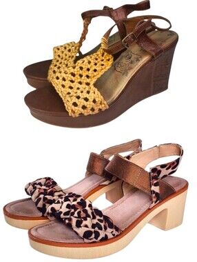2pc Danna Raye Leopard & Jellypop Dahl Raffia Wedge Sandals Set, Sz 10
